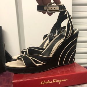 Ferragamo Black & White High Heel Sandal Wedges